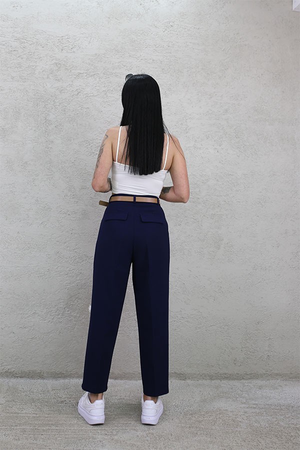 KEMERLİ KUMAŞ PANTOLON LACİVERT