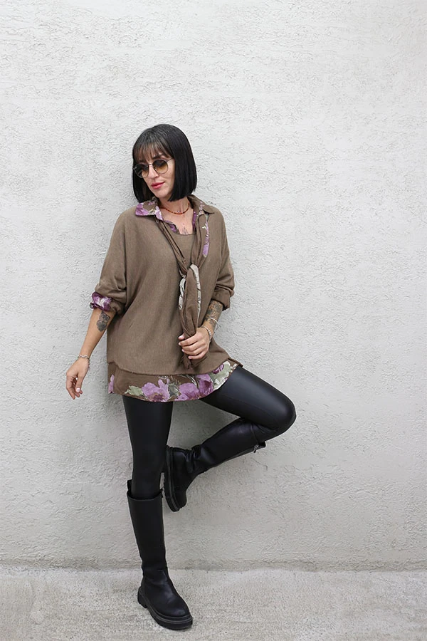 GÖMLEĞİ ÇİÇEK DESENLİ 3 LÜ BLUZ - VİZON