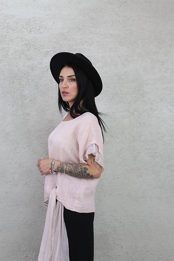 KOL VE ETEĞİ İPEK PARÇALI KETEN BLUZ PEMBE