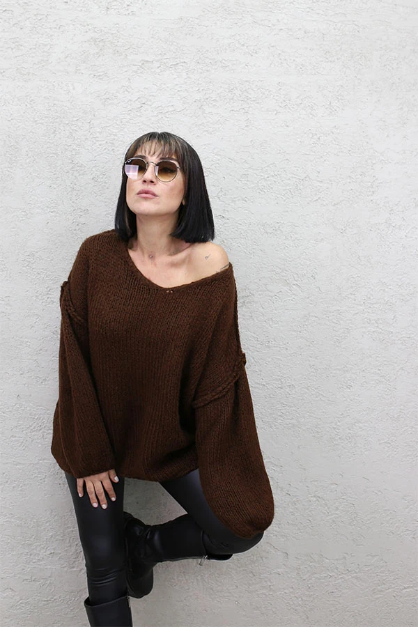 V YAKA PİS DİKİŞ TRİKO KAZAK - KAHVE