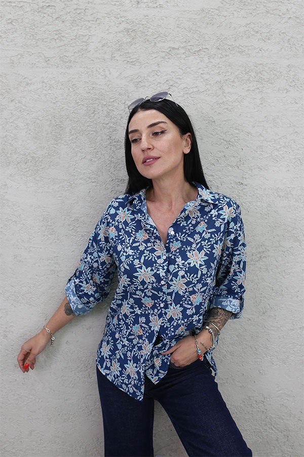 DESENLİ PAMUK GÖMLEK LACİVERT