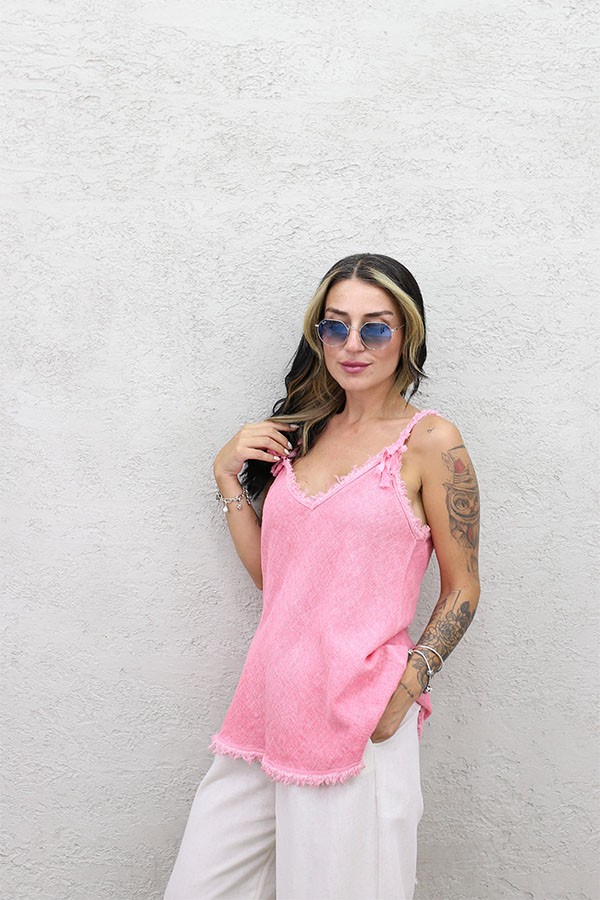 İTALYAN ASKILI TAŞLANMIŞ KETEN ASKILI BLUZ PEMBE