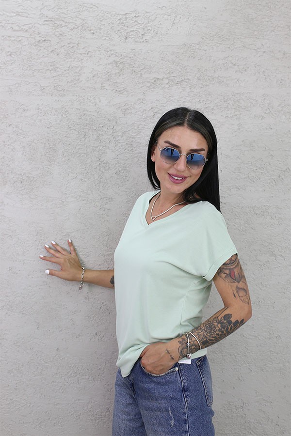 V YAKA KOL KATLI MODAL T-SHİRT MİNT