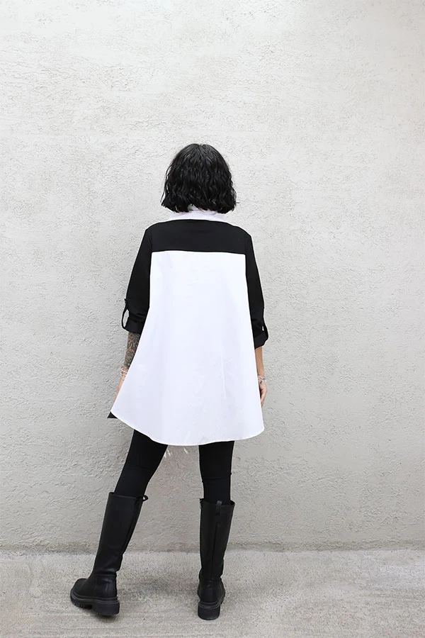 DERİ VE POPLİN DETAY TASARIM BLUZ