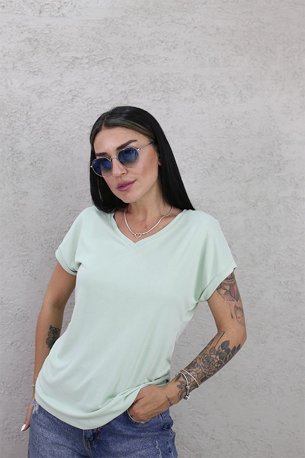 V YAKA KOL KATLI MODAL T-SHİRT MİNT
