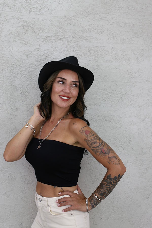 FİTİLLİ CROP STRAPLEZ SİYAH
