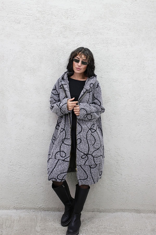 SUZİNELİ KAPŞONLU UZUN HIRKA KAP - GRİ