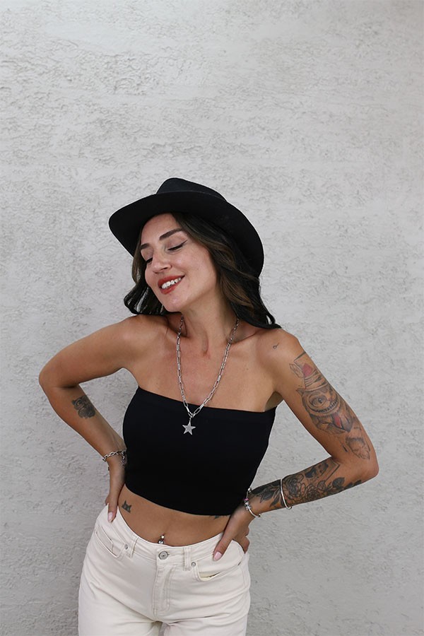 FİTİLLİ CROP STRAPLEZ SİYAH