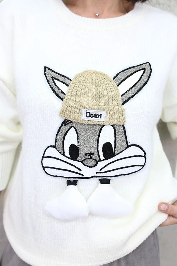 TAVŞAN APLİKELİ TRİKO - EKRU