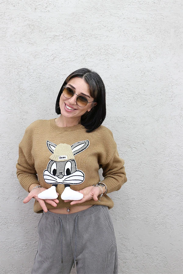 TAVŞAN APLİKELİ TRİKO - CAMEL