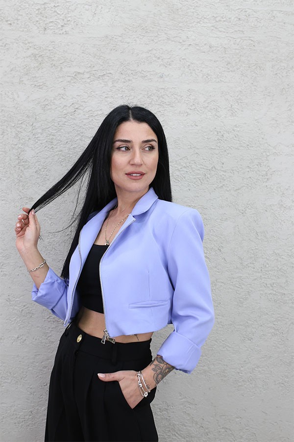 FERMUARLI CROP CEKET MAVİ
