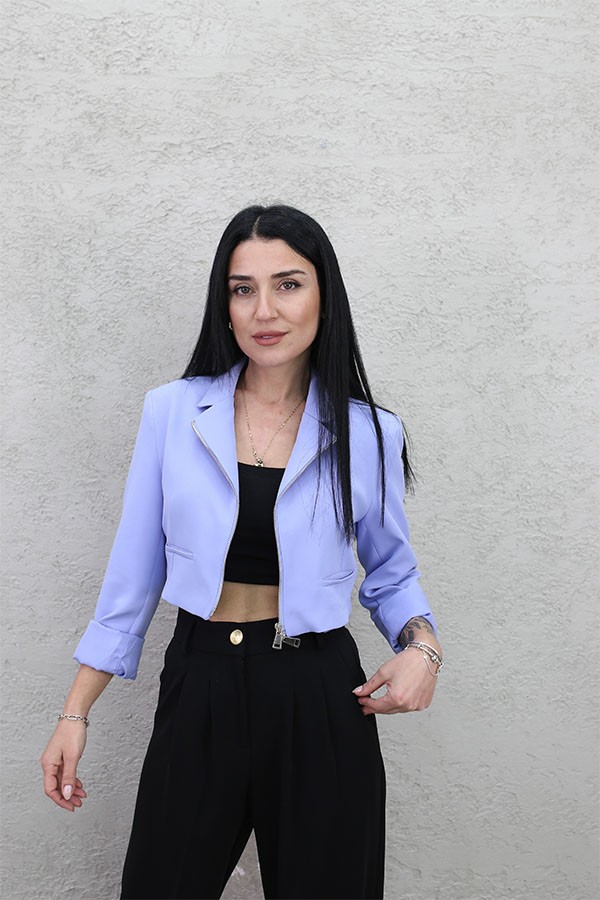FERMUARLI CROP CEKET MAVİ