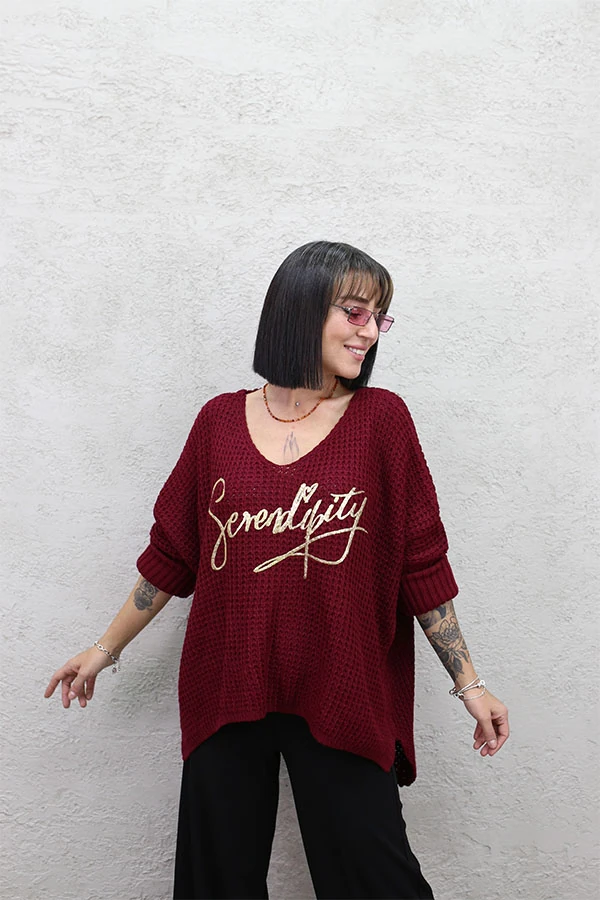 SERENİTY BASKILI OVERSIZE KAZAK - BORDO
