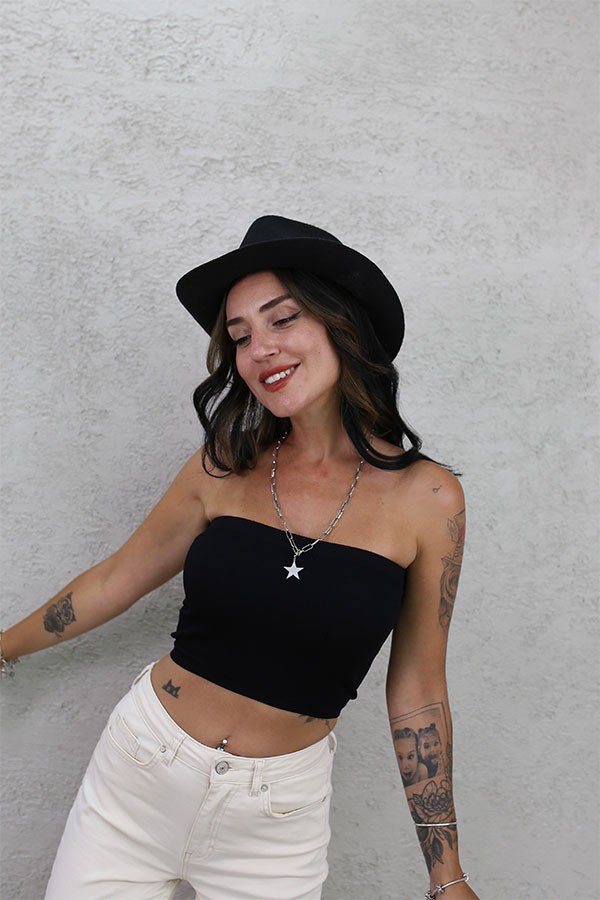 FİTİLLİ CROP STRAPLEZ SİYAH