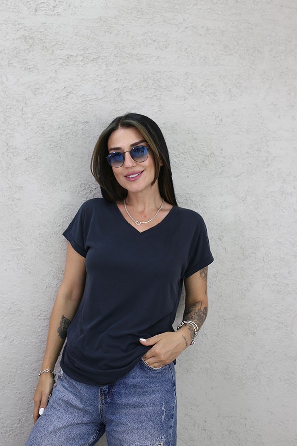 V YAKA KOL KATLI MODAL T-SHİRT ANTRASİT