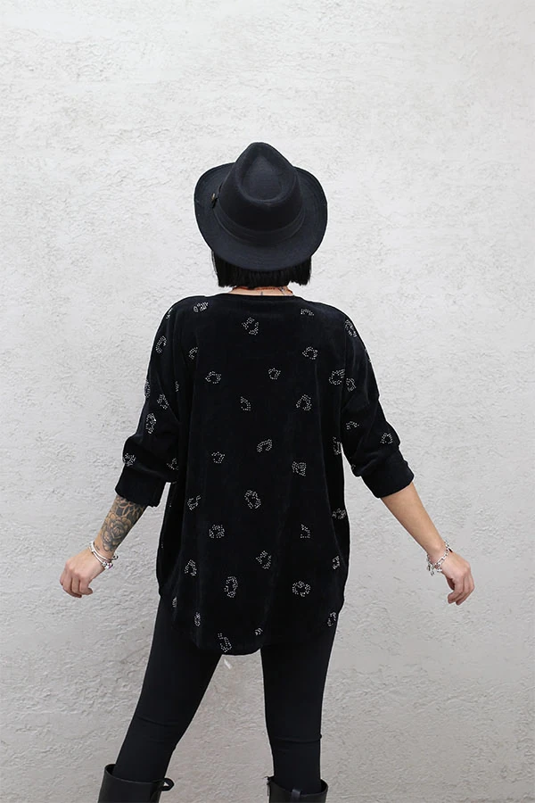 İTALYAN TAŞ BASKILI KADİFE BLUZ