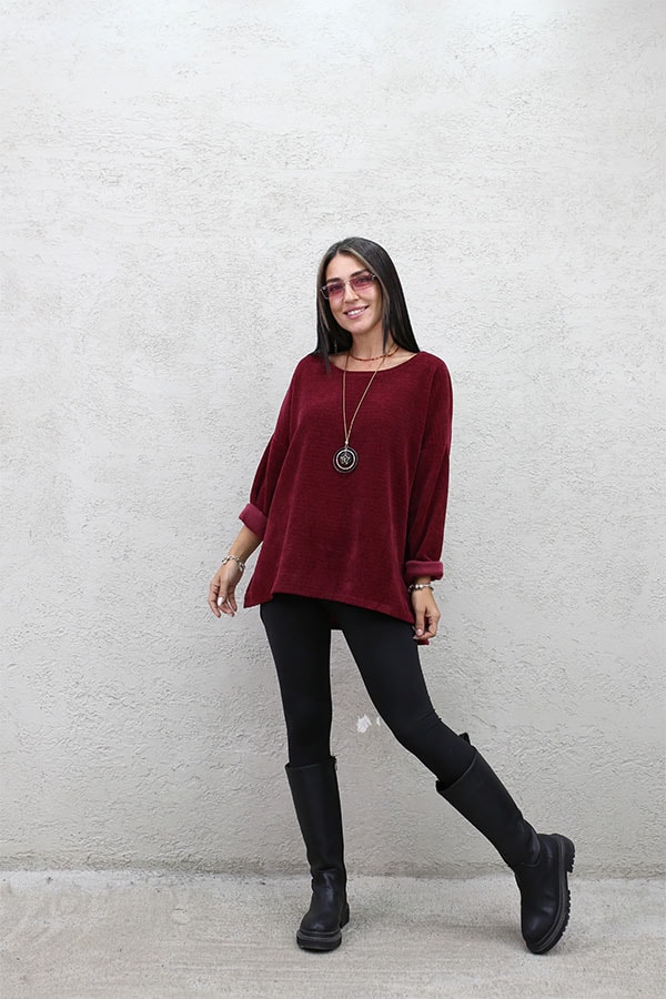 İTALYAN KOLYELİ KADİFE BLUZ - BORDO