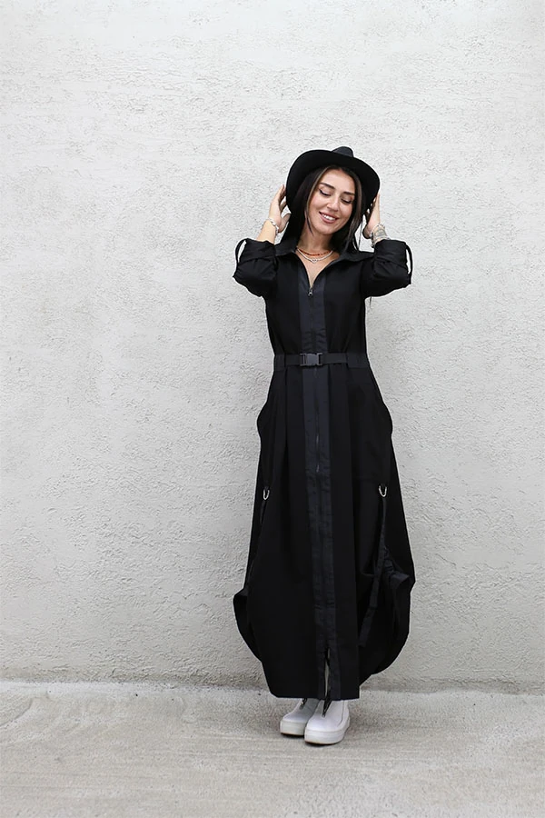 YAN BÜZGÜLÜ ÇİFT FERMUAR ELBİSE