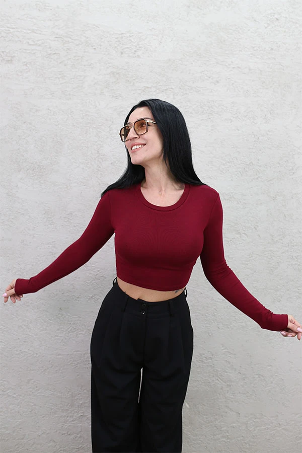 BİSİKLET YAKA CROP BORDO