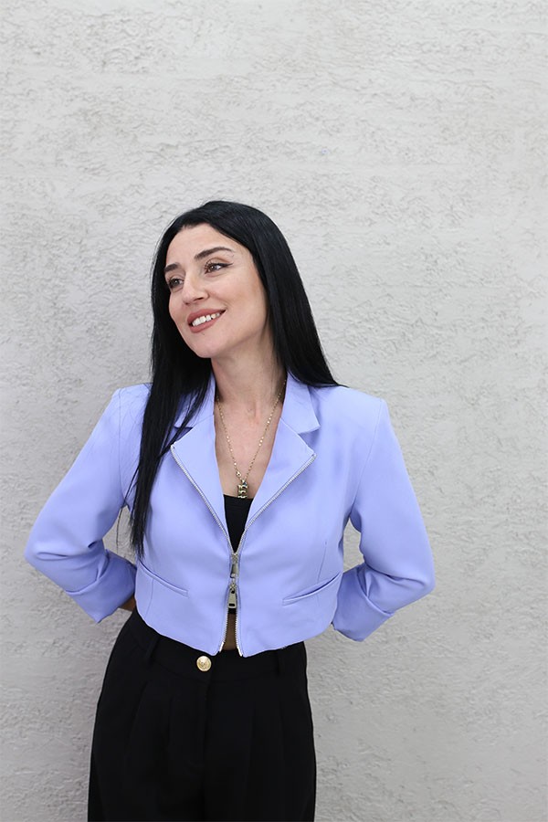FERMUARLI CROP CEKET MAVİ