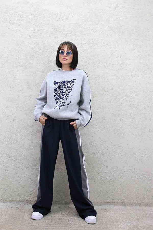 YAN ŞERİTLİ BOL PAÇA PANTOLON - LACİVERT