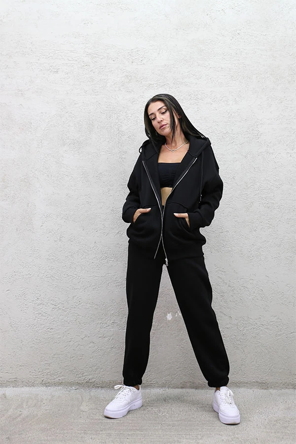 OVERSIZE FERMUARLI SWEAT - SİYAH