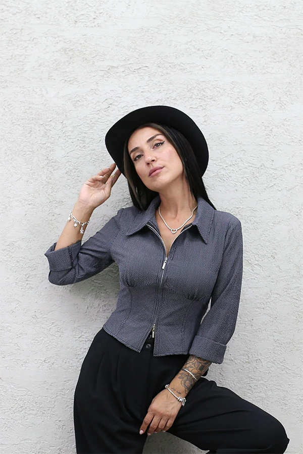 ÇİFT FERMUAR ÇİZGİLİ GÖMLEK  - SİYAH