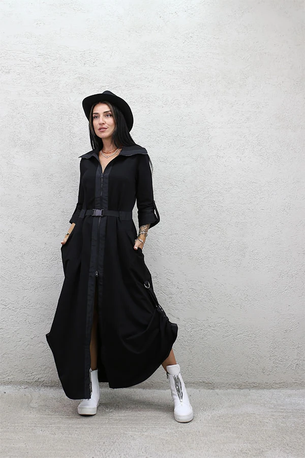 YAN BÜZGÜLÜ ÇİFT FERMUAR ELBİSE