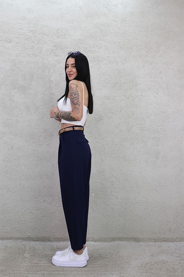 KEMERLİ KUMAŞ PANTOLON LACİVERT