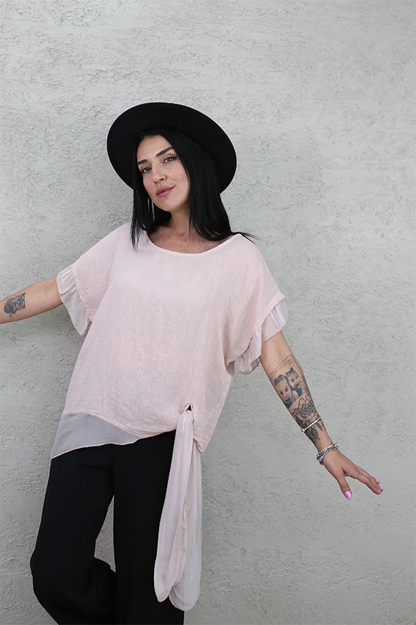 KOL VE ETEĞİ İPEK PARÇALI KETEN BLUZ PEMBE
