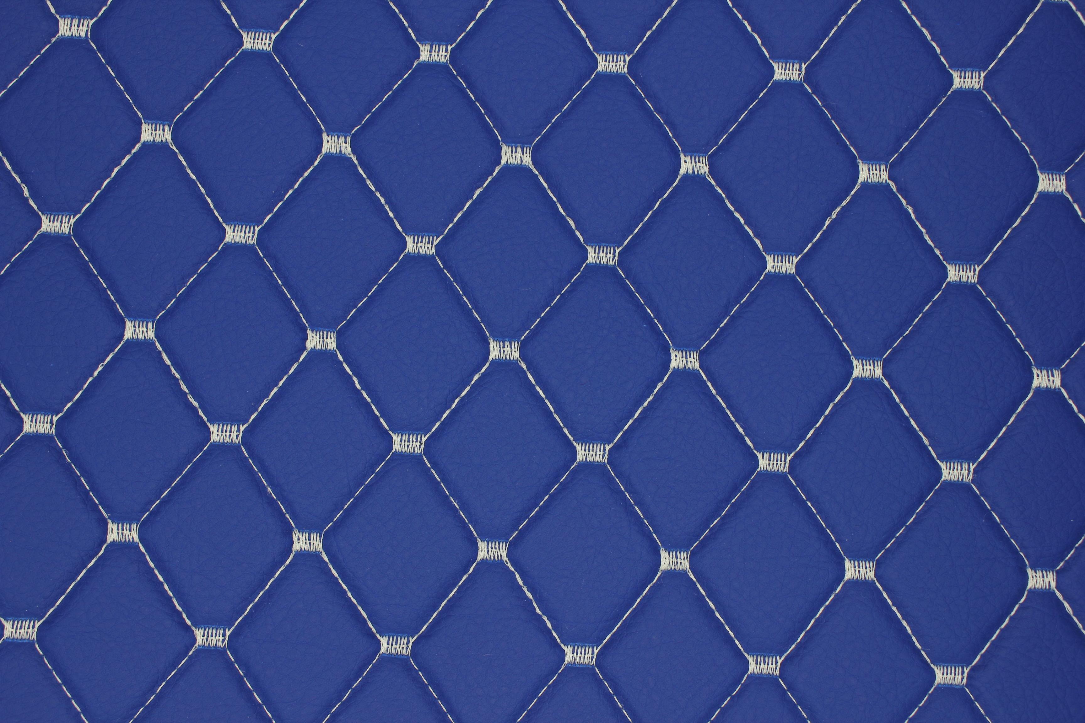 White Quilted Blue Vinyl Faux Leather Car Upholstery Fabric | 2"x2" 5x5cm Diamond Stitch with 5mm Foam | 140cm Wide | Automotive Projects
