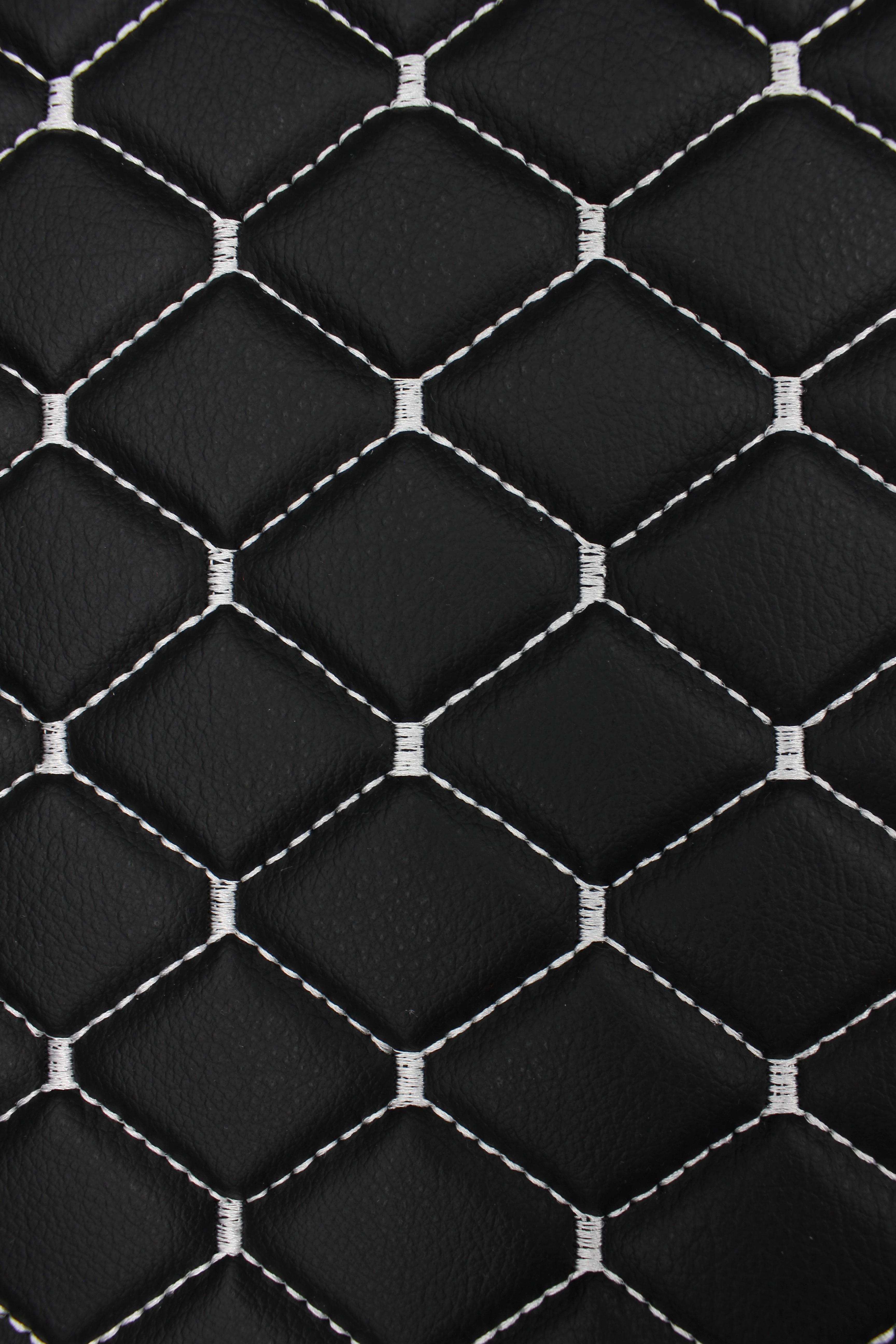 White Quilted Black Vinyl Faux Leather Car Upholstery Fabric | 2"x2" 5x5cm Diamond Stitch with 5mm Foam Backing | 140cm Wide | Automotive Projects