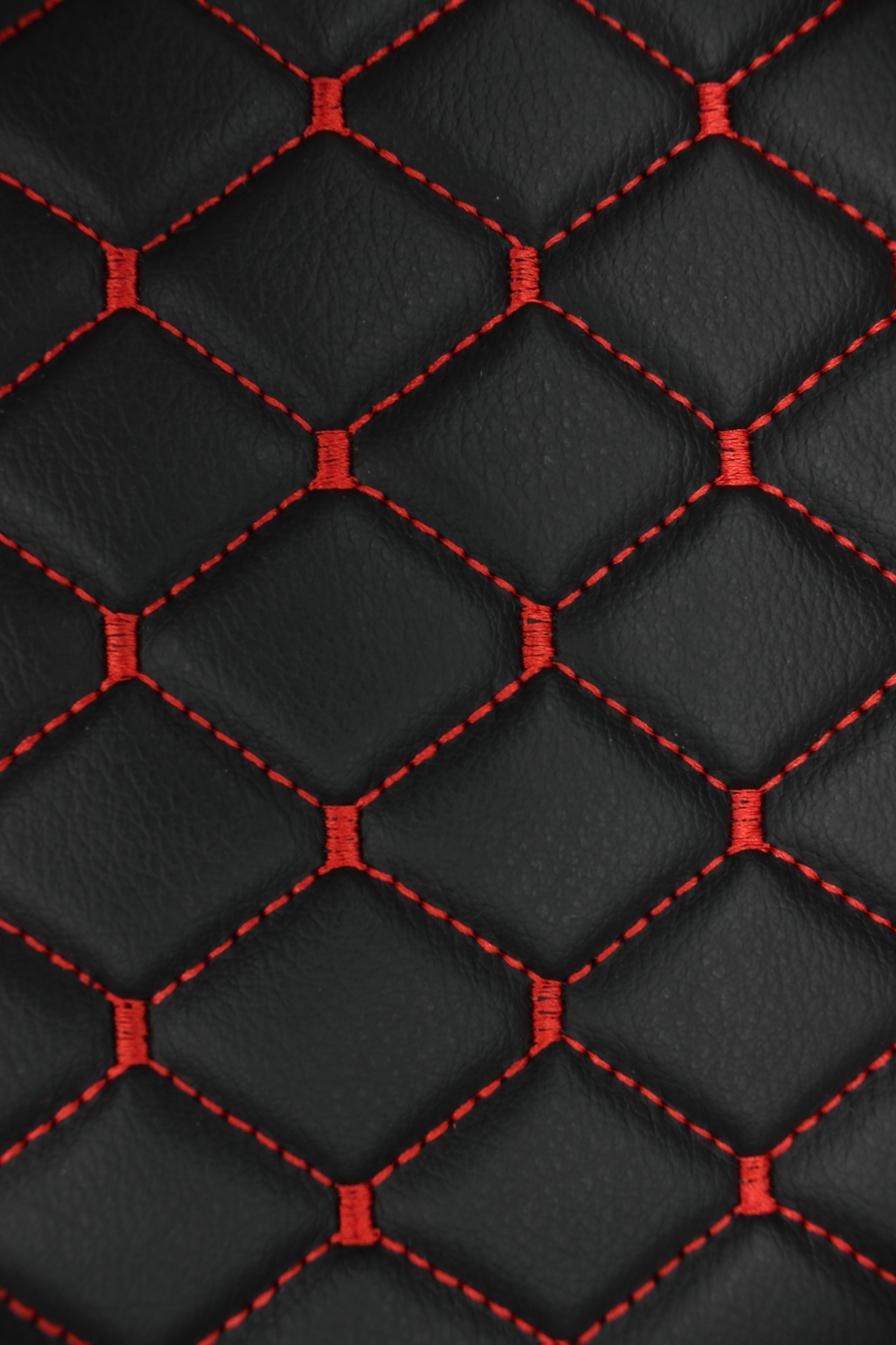 Red Quilted Black Vinyl Faux Leather Car Upholstery Fabric | 2"x2" 5x5cm Diamond Stitch with 4mm Foam Backing | 140cm Wide | Automotive Projects