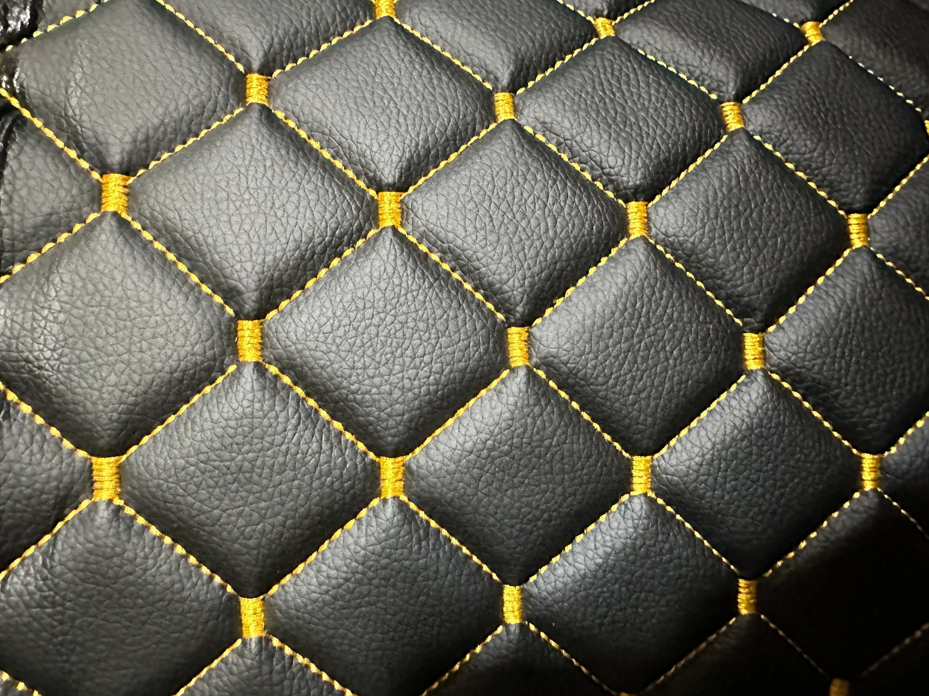 Black Gold Quilted Vinyl Faux Leather Car Upholstery Fabric | 2"x2" 5x5cm Diamond Stitch with 5mm Foam | 140cm Wide | Automotive Projects