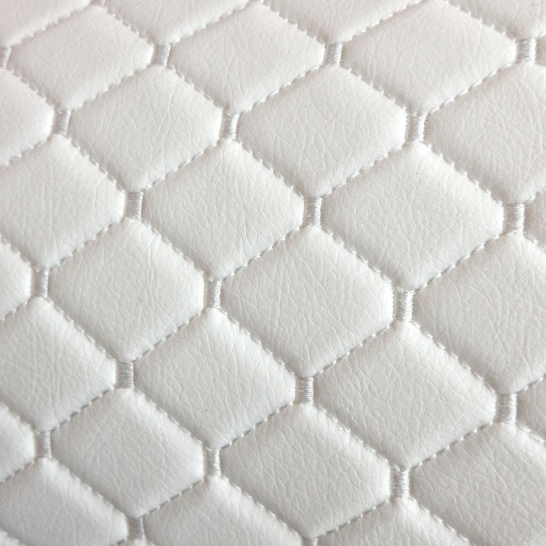 White Quilted Vinyl Grain Faux Leather Car Upholstery Fabric | 2"x3" - 5x8cm Diamond Stitch with Foam | 140cm & 55.1" Wide | Artificial Leather