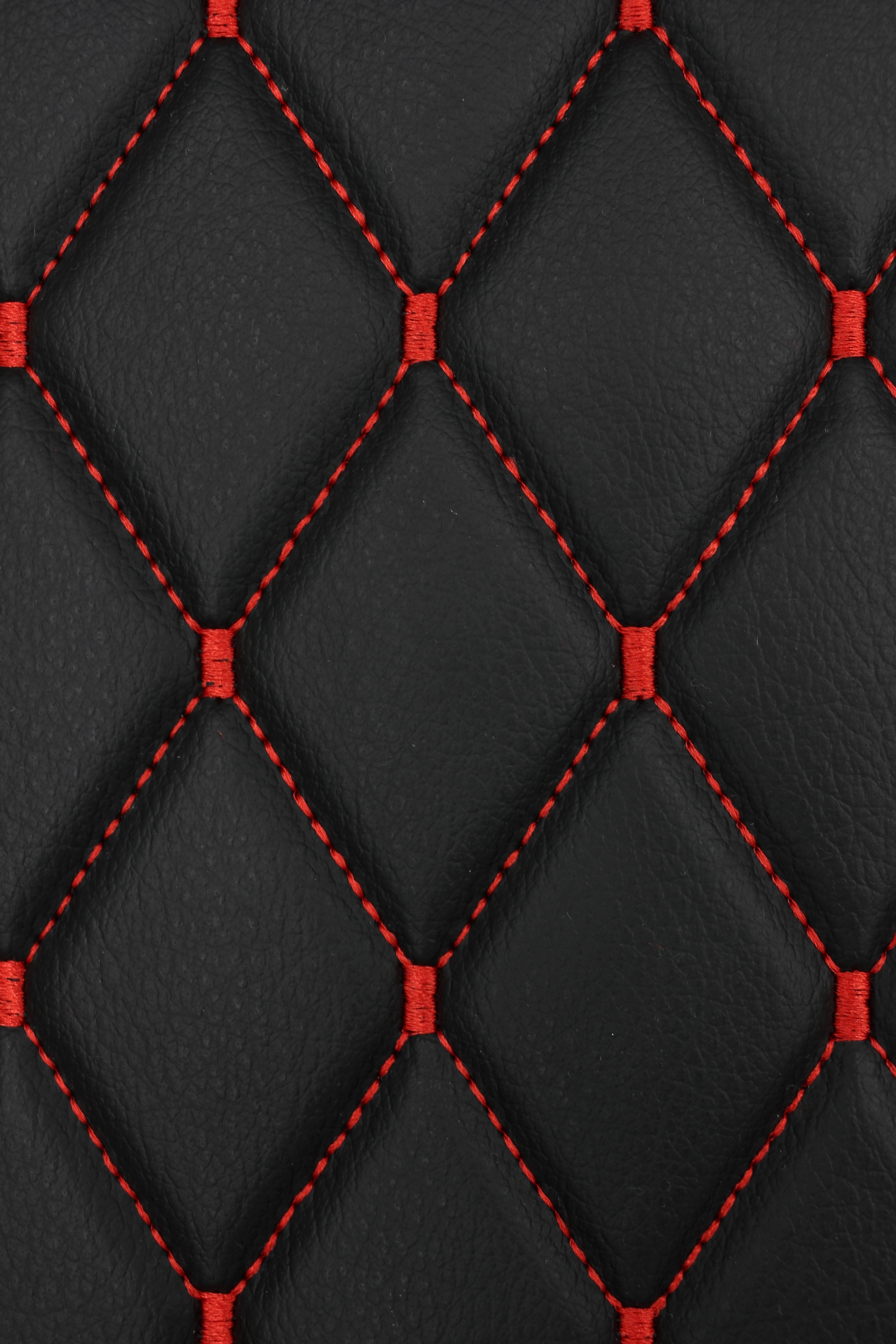 Red Quilted Black Vinyl Grain Faux Leather Car Upholstery Fabric | 2"x3" - 5x8cm Diamond Stitch with Foam | 140cm & 55.1" Wide | Artificial Leather