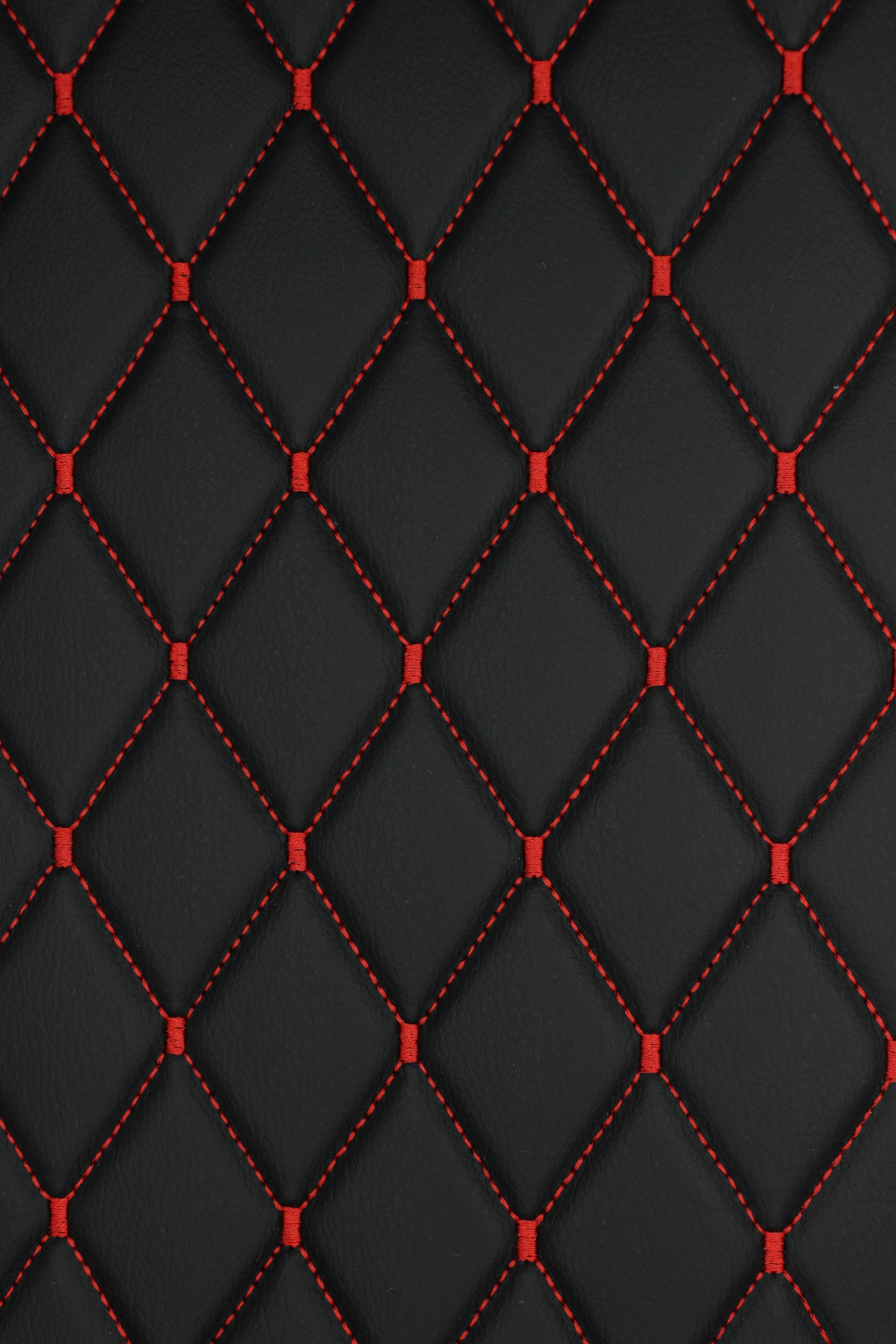 Red Quilted Black Vinyl Grain Faux Leather Car Upholstery Fabric | 2"x3" - 5x8cm Diamond Stitch with Foam | 140cm & 55.1" Wide | Artificial Leather