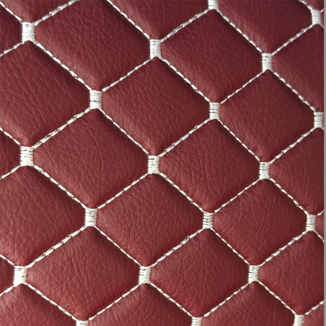 Dark Red White Quilted Vinyl Faux Leather Car Upholstery Fabric | 2"x2" 5x5cm Diamond Stitch with 5mm Foam | 140cm Wide | Automotive Projects