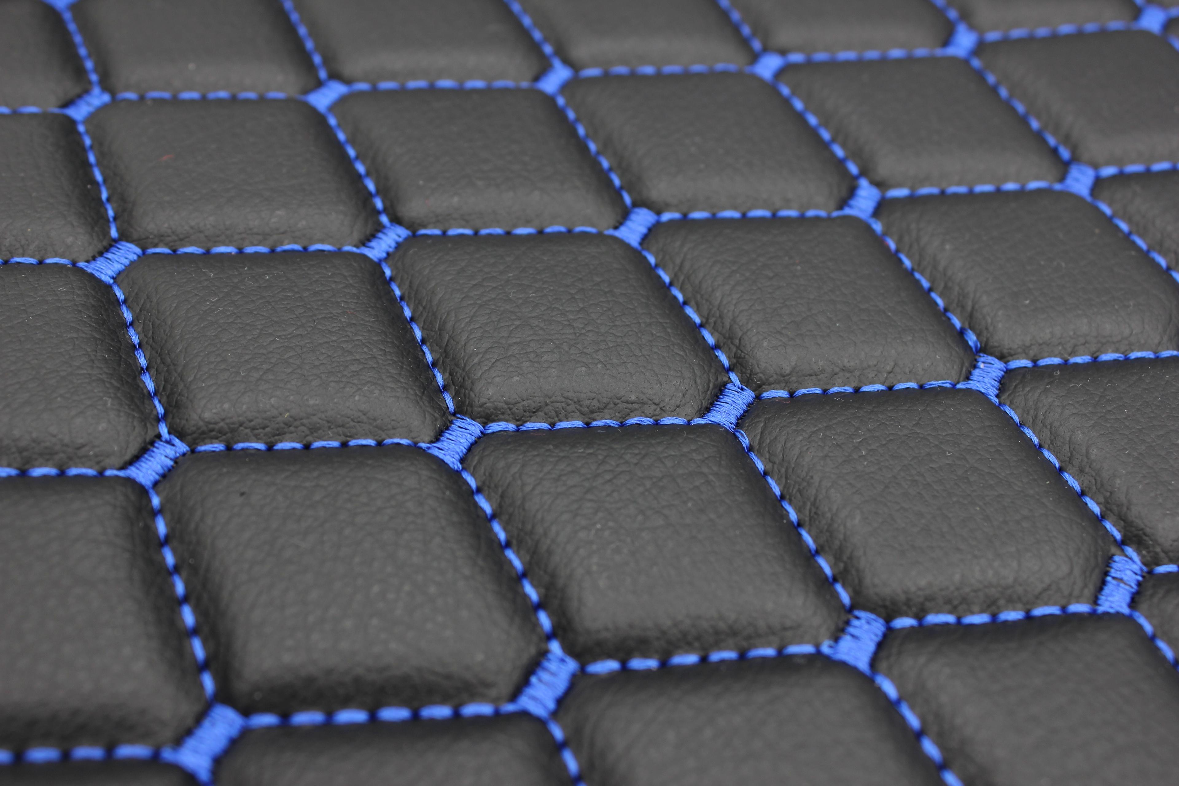 Blue Quilted Black Vinyl Faux Leather Car Upholstery Fabric | 2"x2" 5x5cm Diamond Stitch with 5mm Foam Backing | 140cm Wide | Automotive Projects