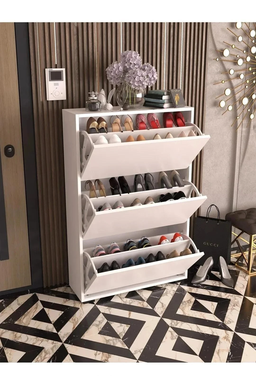 Düşer Kapak Ayakkabılık Raflı Ayakkabılık 3 Bölmeli Ayakkabılık Beyaz - Beyaz