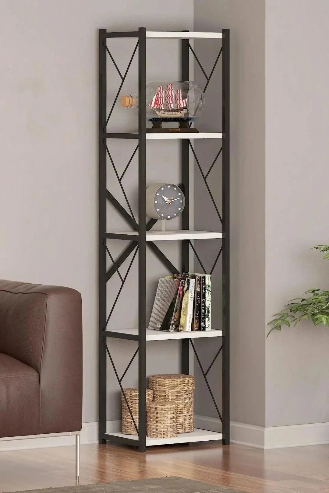 Metal Concept Kitaplık 5 Raflı Çok Amaçlı Dosya Kitap Rafı Ofis Salon Rafı - Beyaz