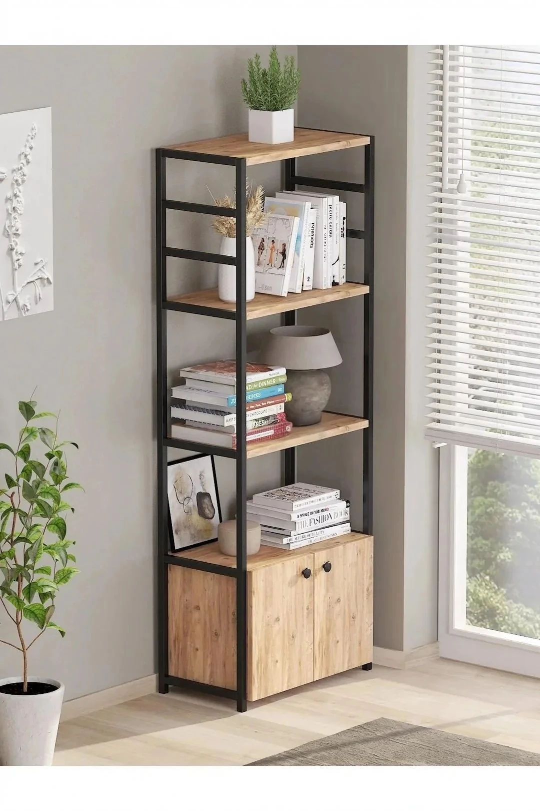 Kitaplık 5 Raflı Çok Amaçlı Dosya Kitap Rafı Ofis Salon Rafı 140 CM 2 KAPAKLI - Çam