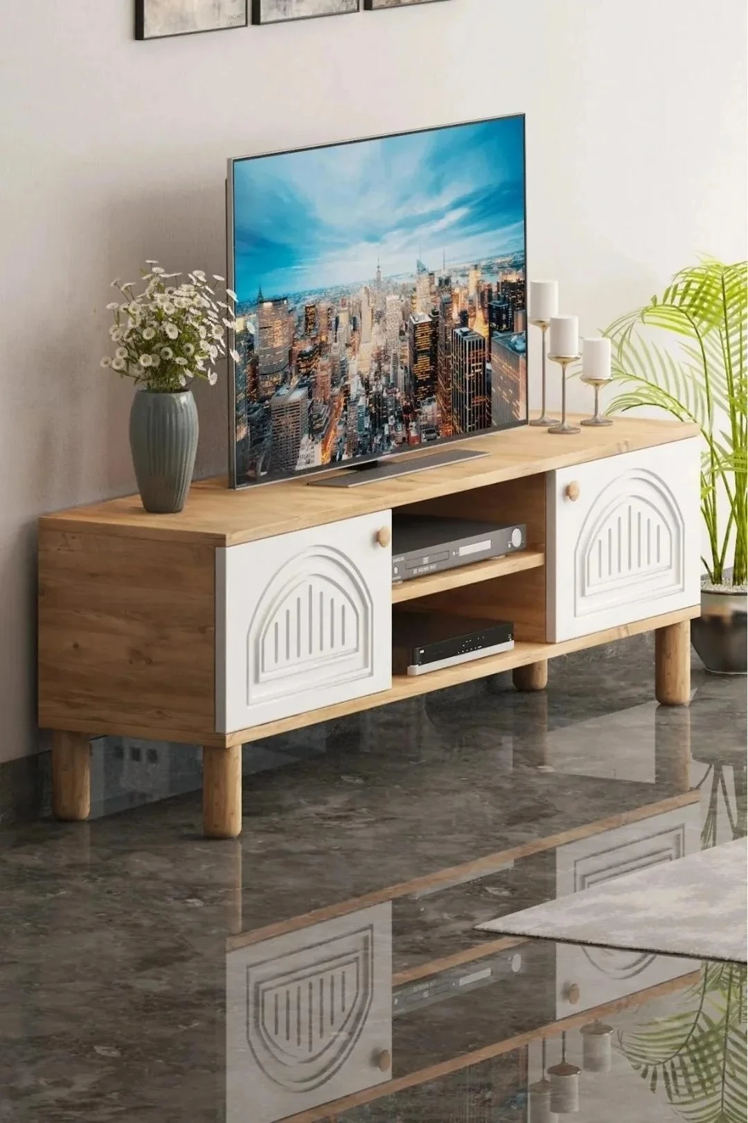 Bohem Tv Ünitesi 150 Cm Mdf Mebran Kapak Çizgili D Kapak Bohem Tarz Tv Sehpası