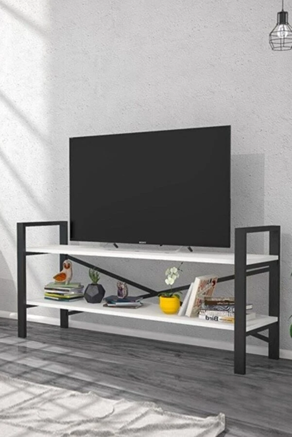 Smart Tv Sehpası Raflı Tv Ünitesi Metal Kitaplıklı Televizyon Sehpası Lcd Masa Sehpa - Beyaz