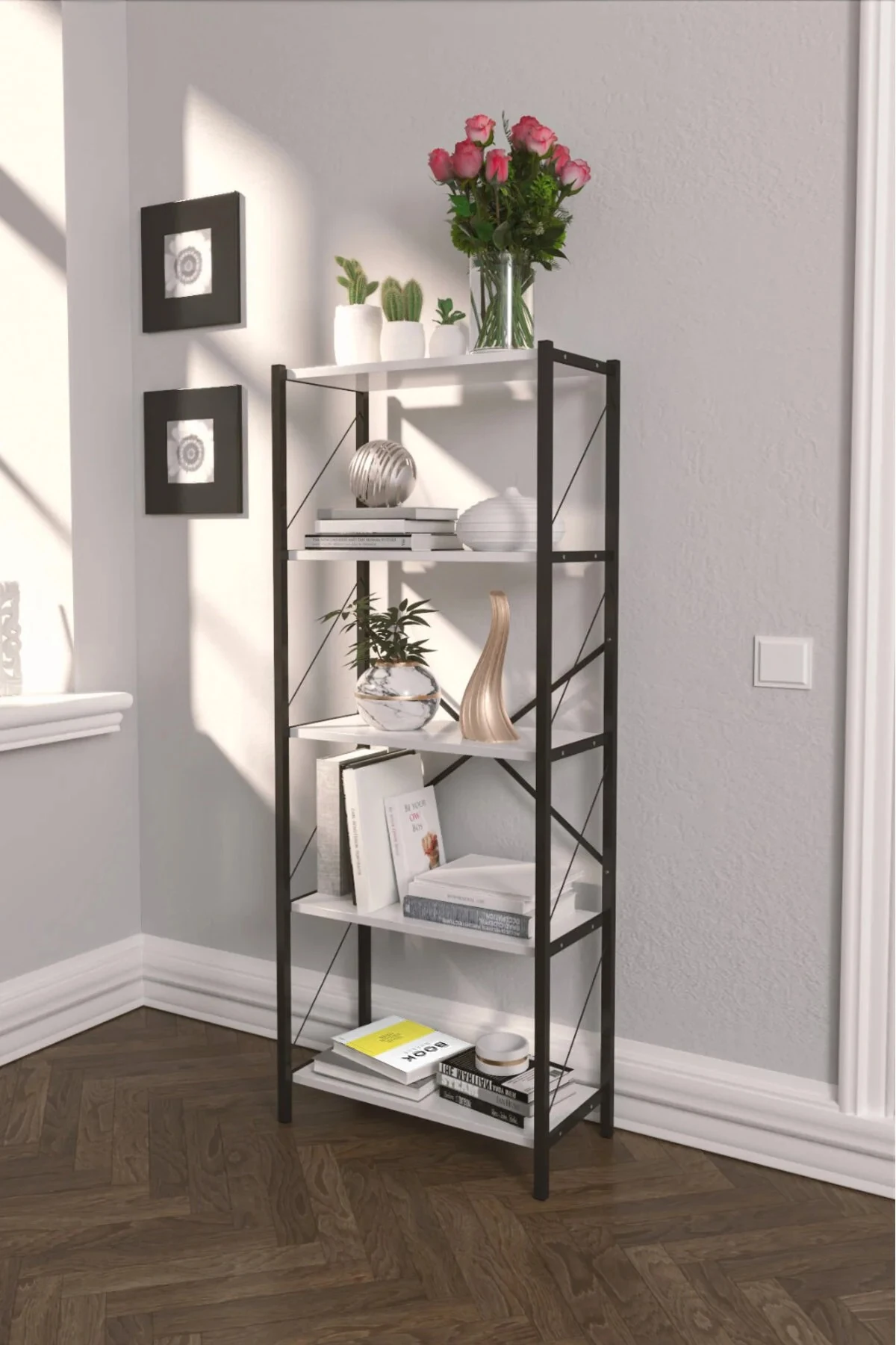 Metal Kitaplık 5 Raflı Kitaplık Dosya Kitap Rafı Ofis Ev Rafı - Beyaz