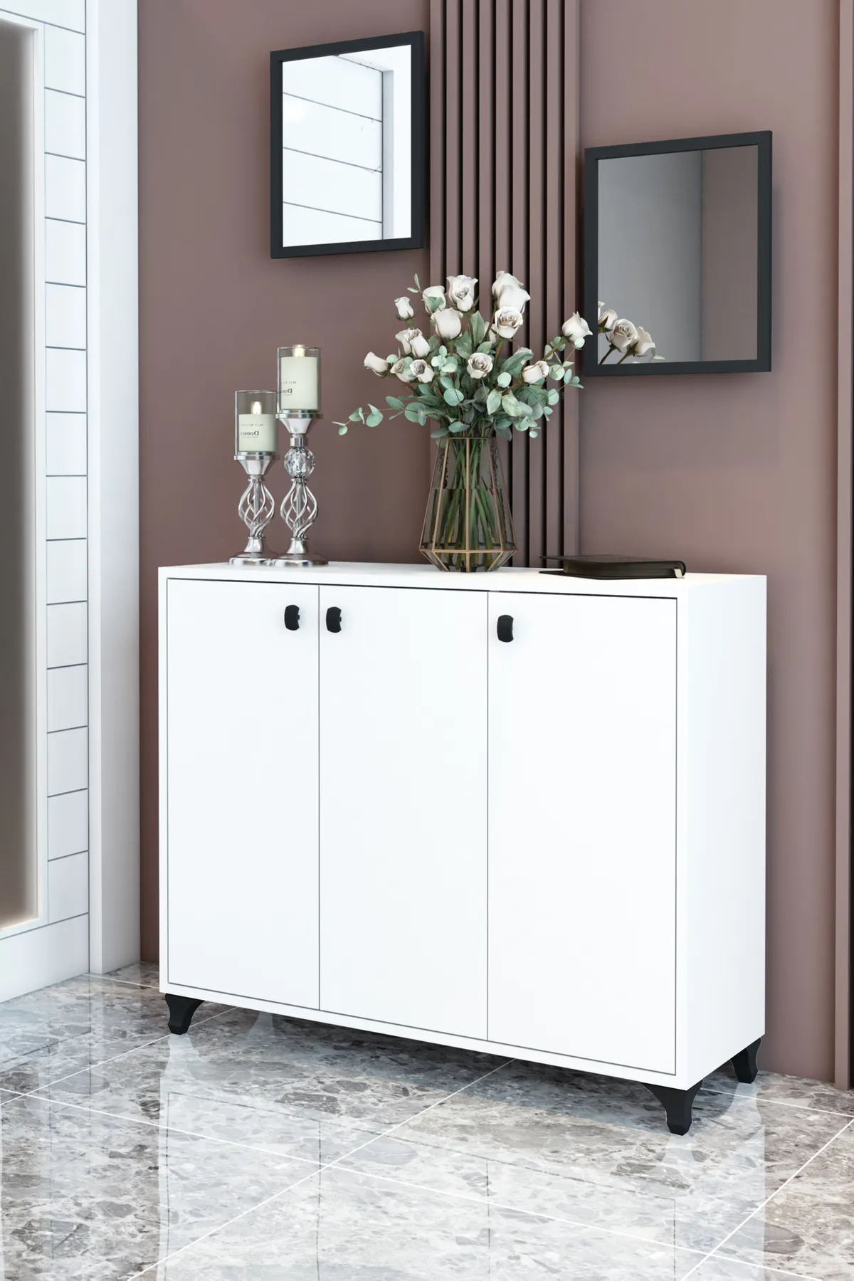 3 Kapaklı Ayakkabılık Çok Amaçlı Dolap Fortmanto Raflı Vestiyer - Beyaz