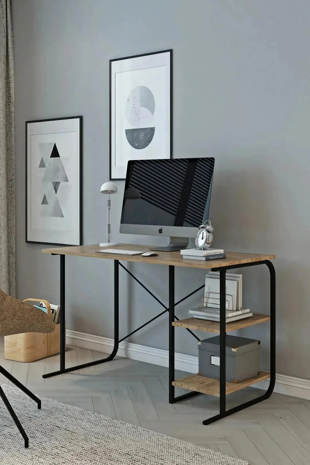 Çalışma Masası Metal Bilgisayar Laptop Masası 2 Raflı Ders Çalışma Ofis Masası - Çam