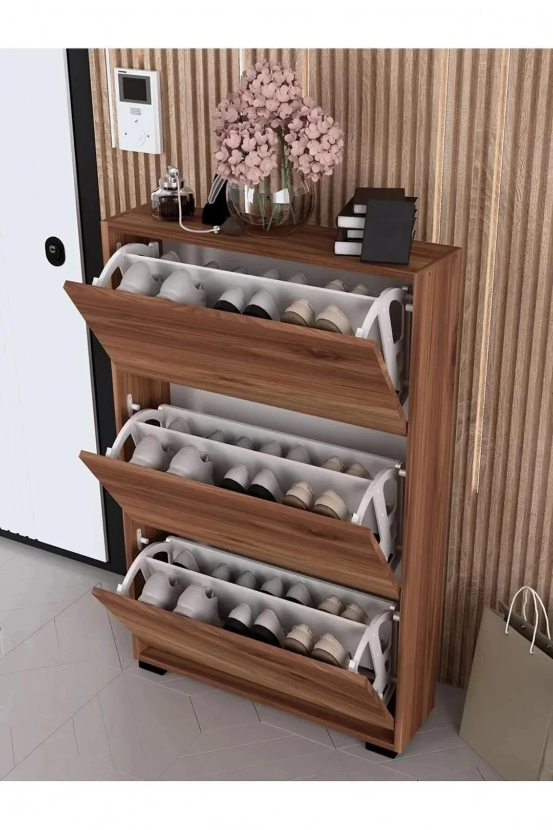 Düşer Kapak Ayakkabılık Raflı Ayakkabılık 3 Bölmeli Ayakkabılık Beyaz - Çam