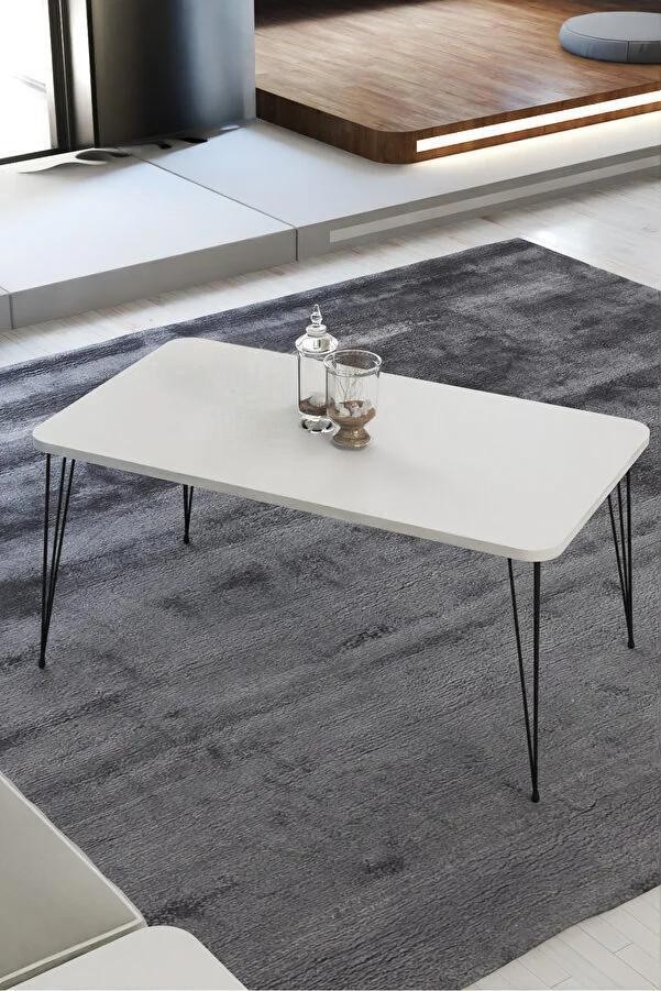 Orta Sehpa Oval Kenar Dekoratif Sehpa Orta Sehpa Metal Tel Ayak Ahşap OrtaSehpa Tel Ayak Dikdörtgen - Beyaz