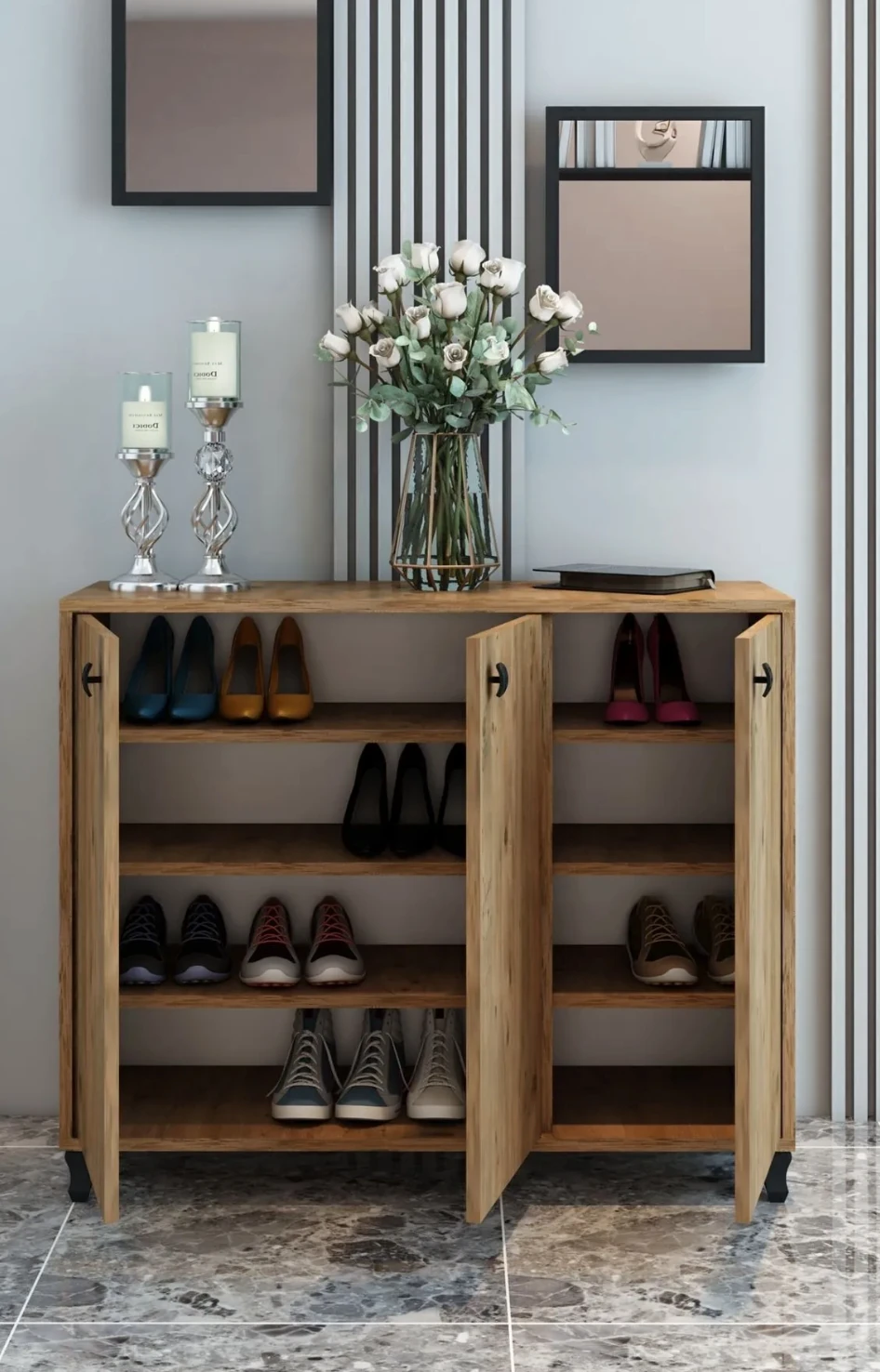 3 Kapaklı Ayakkabılık Çok Amaçlı Dolap Fortmanto Raflı Vestiyer - Çam